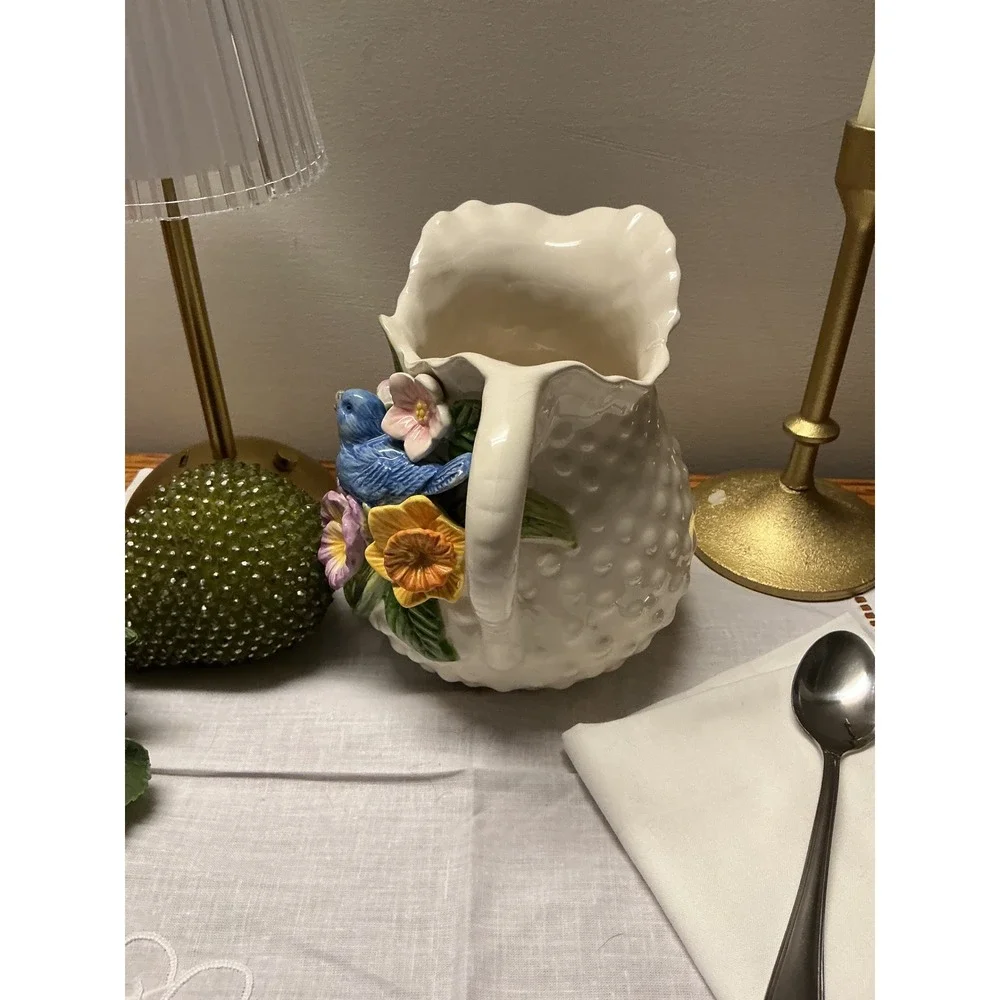 Vintage Ceramic Bluebird and Floral Hobnail Pitcher Decorative Creamer Vase - Picture 7 of 11